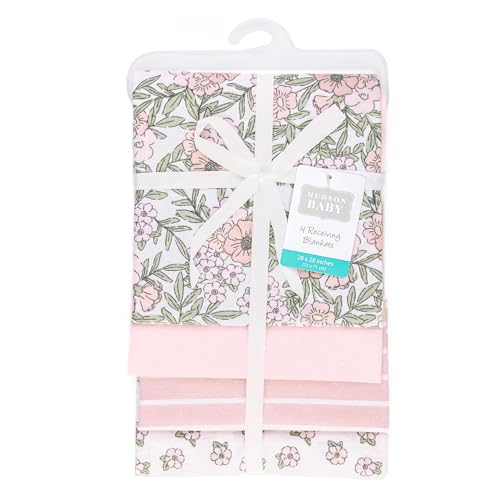 Image of Hudson Baby Unisex Baby Cotton Polyester Flannel Receiving Blankets 4-Pack, Soft Pink Floral, One Size