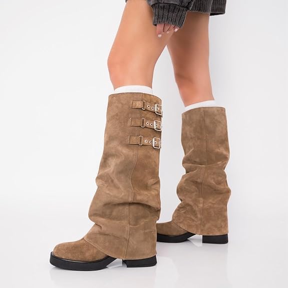 Image of MAVMAX Women Slouchy Knee High Boots Casual Round Toe Pull On Riding Biker Boots Fold Over Chunky Low Heel Platform Boot