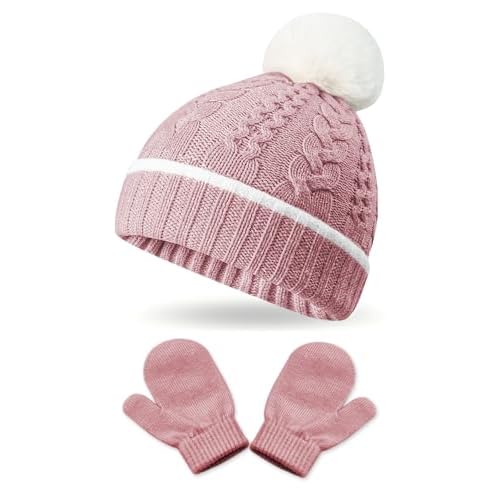 2 Pack Kids Winter Warm Beanie & Mittens Set, Soft Cable Knit Hat for Children's Toddler Baby, Cozy Cap & Gloves Pink Rose-pink Medium