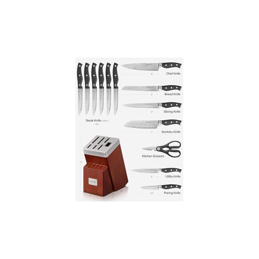 Knife Block Set, FOHERE 14 Pieces Razor-Sharp Self Sharpening Knife Set, High Carbon Stainless Steel Waved Pattern Knife Set with Block, Rust & Stain Resistant Kitchen Knives and Triple Riveted Handle