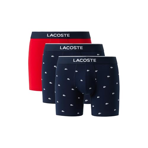 Lacoste Men's Cotton Stretch Mini Croc Print Boxer Briefs, 3-pack (Amazon Exclusives), Navy Blue/Navy Blue/Red, X-Large
