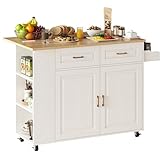 IRONCK Kitchen Island with Power Outlet & Drop Leaf, 47.2' Width Rolling Kitchen Island on Wheels with Storage, Mobile Kitchen Island Cart with Spice Rack, Open Shelves and Drawer, White