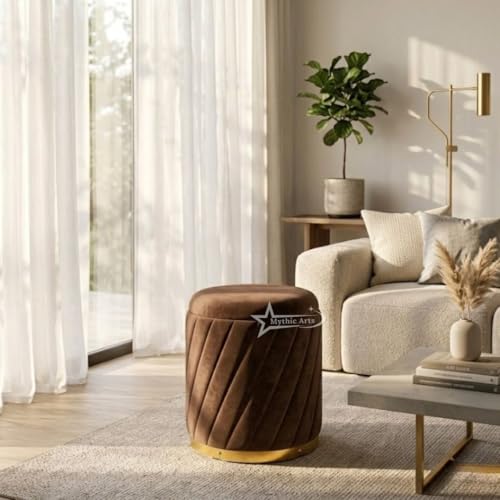 Image of Mythic ArtsRound Upholstered Sitting Stool & Footrest Velvet Storage Ottoman Pouffe13 X 13X 16 inch | Versatile Puffy for Living Room, Bedroom, and Office ? Chic Home Furnishings & Dcor Brown