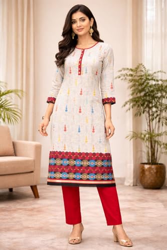 Image of Women's Cotton Blend Unstitched Kurti Set for Women | A-Line Style Dress Material | 2-Piece Traditional Ethnic Wear Suit Fabric