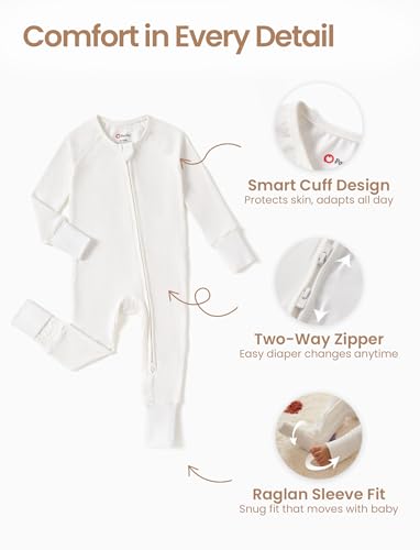 PATPAT Organic Cotton Baby Footie Pajamas with Two-Way Zipper & Fold-Over Mittens, Soft Stretchy Romper for Newborn Boy Girl, Basic White, 18-24 Months
