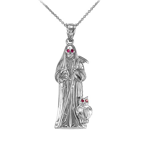 High Polish 14k White Gold CZ-Studded Santa Muerte Pendant Necklace, 18