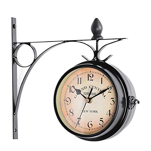 WYYH Gartenuhr Wetterfest Outdoor, Schmiedeeisen Vintage Doppelseitig Wanduhren Aussen Batteriebetriebener Metallbügel Wanduhr Outdoor Uhr Dekorative Wanduhr Kaffeebar Runde Station A Cover