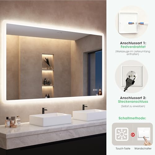S’bagno Badspiegel-mit-Beleuchtung 140x80cm, Led-Badezimmerspiegel-mit-Licht, Bluetooth, Entfoggen, 3 Farben, Dimmbar, Speicherfunktion, Gehärtetes Glas, IP44 Wasserdicht, Horizontal/Vertikal