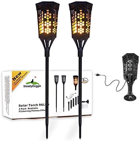 SteadyDoggie Solar Torch Landscaping Light Kit 2 Pack - Flickering Flames Torch Lights - Upgraded with USB Charging - Solar Tiki Torches Outdoor - Dusk to Dawn Lighting with Auto On/Off Switch