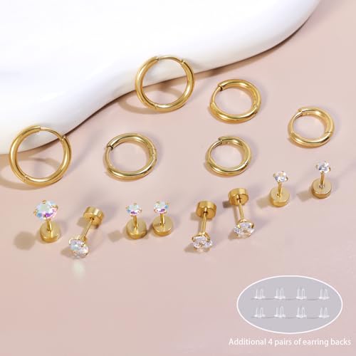 Titanium Earrings for Sensitive Ears - Flat Back Stud & Hoop Earrings Set, Hypoallergenic Surgical Stainless Steel Cubic Zirconia, 7 Pairs4