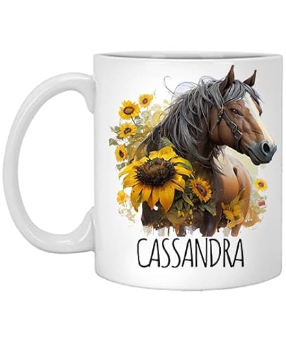 Horse Sunflower Personalized Coffee Mug, Custom Watercolor Mug with Name, Gift for Her, Birthday Gift Name Cassandra 11oz White Mug Name Mug for Who Love Horse, Horse Mug 496101