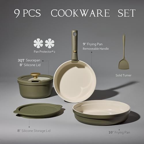 Carote 9pcs Ceramic Cookware Set with Detachable Handles, Pots and Pans Set Non Stick, RV Kitchen Cooking Pot and Pan, Dishwasher Safe, Non-toxic Induction Cookware PFAS and PFOA Free, Green - Image 4