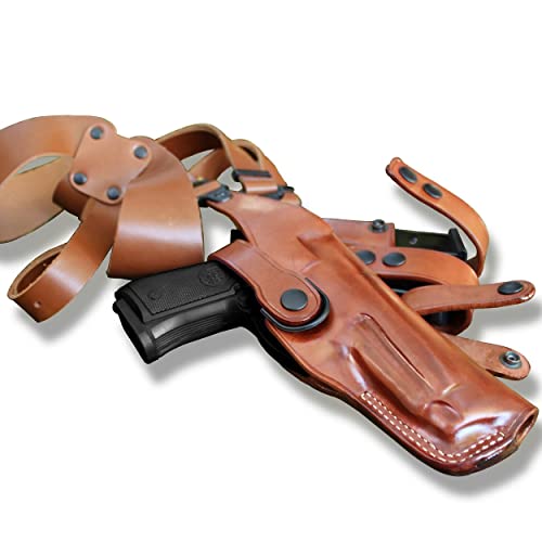 Premium Leather Vertical Shoulder Holster System With Double Magazine Carrier For Beretta 92Fs Vertec 9Mm 4.7'', Right Hand Draw, Brown Color #1002# #TOP7