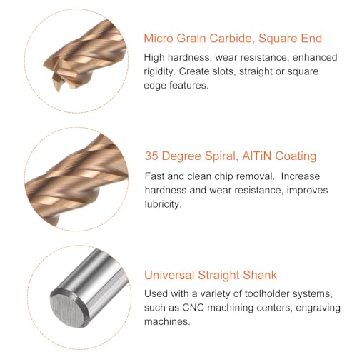 Image of HARFINGTON Micro Grain Carbide Square End Mill 3 /16 inch x 1 /2 inch (5mm x 13mm) Cut 1 /4 inch (6mm) Shank 2 inch (50mm) Length AlTiN Coated 4 Flutes Square Nose Cutter for Alloy Steel Hardened Steel