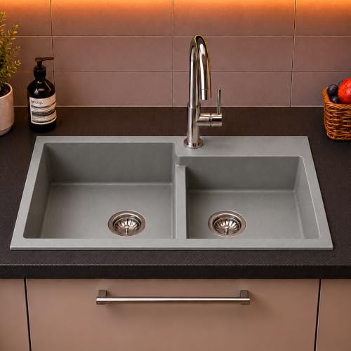 Image of Carysil TIP TOE DB ULTRA Quartz Kitchen Sink 34 x 20 x 8 inches, Single Bowl with Drain Board, 80% Quartz & 20% Resin, Heat Resistant 300C, 50kg Load, Scratch Resistant Granite Sink - Arena