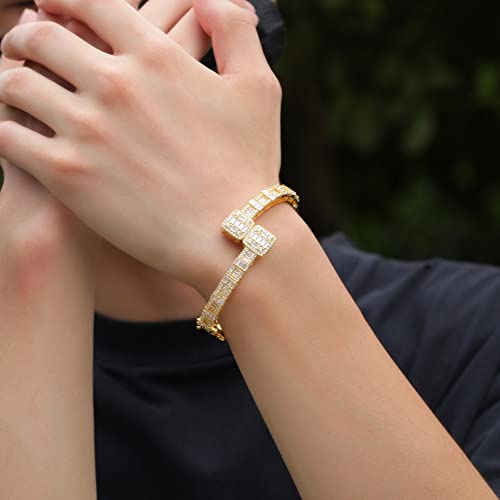 Lulu Mel Iced Out Baguette Diamond Bracelet Jewelry For Women, Hip Hop Mens 14K Gold Silver Plated Cubic Zirconia Bangle Bracelet, Girls Heart Cuff Bracelet With Jewelry Box (Gold, 8Inch) #TOP1