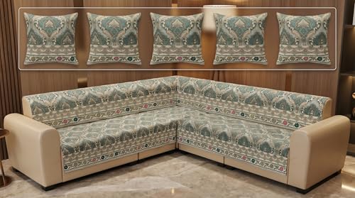 Image of Luxury Sofa Cover L Shape 5 Seater with Matching Cushion Cover 16x16 inch - Emerald Paisley Royal 3+2 Seater (5 Seater) Quilted Sofa Cover Set Pack of 10, Washable, Emerald Teal