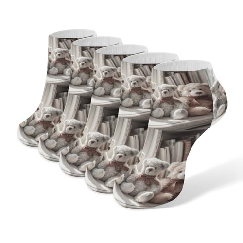 Bear Sitting on Shelf Ankle Socks for Men & Women, 5 Pairs Breathable Soft Low Cut Socks, Stretch Sweat Wicking Sox