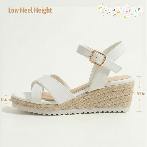 Image of PANDNAINJIA Girls Sandals Wedge Platform Heels Dress Shoes | Little Big Kids Girl Cross Strap Sandal Adjustable Espadrille Flatform Lightweight Flower Wedding Party Shoes