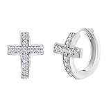 SALE 18K White Gold Over Sterling Silver Cubic Zirconia Pave Cross Huggie Earrings