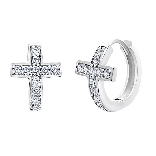 Lesa Michele Womens Cubic Zirconia Cross Huggie Style Hoop Earrings in Rhodium over Sterling Silver