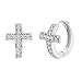 SALE 18K White Gold Over Sterling Silver Cubic Zirconia Pave Cross Huggie Earrings