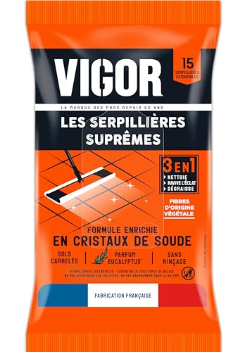 Vigor - Fregonas Supremas 3 en 1 | Limpia, Revuelve el brillo y desengrasa | Fórmula Enriquecida con Cristales de Soda | Sin Enjuague - Suelos Azulejos | Fabricado en Francia | x15 Fregonas