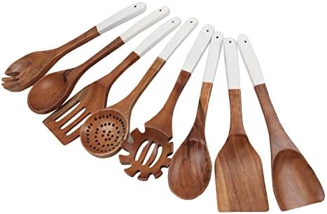 Wooden utensils for cooking set of 8, Natural Acacia Wood spoons and spatula set, Non-stick, Durable, Eco- friendly and safe kitchen cooking spoon | white handles | 12 inch each