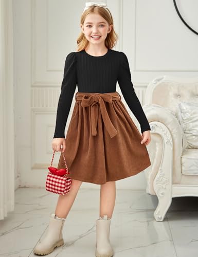 Arshiner Girls Dresses Puff Long Sleeve Rib Knit Plaid Patchwork Belted Holiday Dress with Pockets4