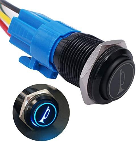 TWTADE/16MM 12V Car Horn Push Button Blue LED Lighted Momentary Metal Speaker Air Horn Toggle Switch with Wires BK-GLB16-BU