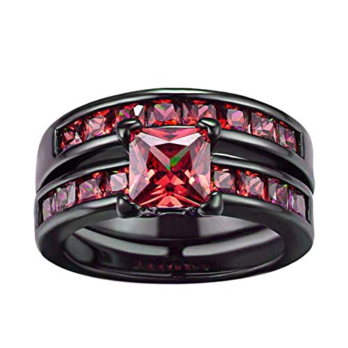 ringcrown Bridal Sets Black Gold Plated Princess Cut 6mm Red Cz 2pcs Womens Wedding Band Ring Sets Engagement Ring