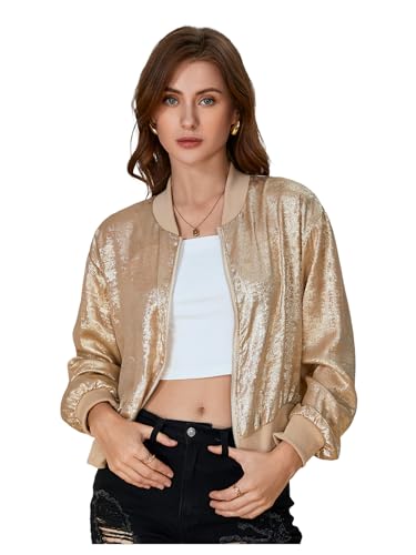 SOLY HUX Women's Metallic Jacket Zip Up Long Sleeve Lightweight Outerwear Bomber Jackets