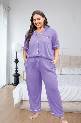 Image of Vozanet Women's Plus Size Pajamas Button Down Shirt and Pants Soft Lounge Sets Bride Nighty Bottom with Pockets 1x to 5x
