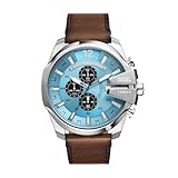 Diesel Mega Chief Stainless Steel and Leather Chronograph Men's Watch, Color: Silver/Blue, Brown (Model: DZ4657)