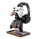 Headset Stand with Dual Game Controller Holder,Wooden Gaming Headphone Stand with Storage Base, Gaming Equipment Accessories for Desk and Game Room