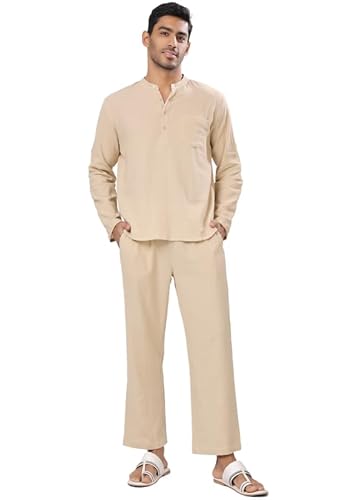 London Hills men's kurta pyjama set || cotton cord set for men summer || mens cord set full pants || night wear for men cotton || night suit for man || sleepwear for man Beige