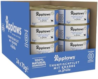 Applaws 100% natürliches Premium-Nassfutter für Katzen, Thunfischfilet mit Krabben in Brühe für ausgewachsene Katzen - Packung mit 24 x 70g Dosen
