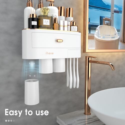 iHave Toothbrush Holders for Bathrooms, 3 Cups Toothbrush Holder Wall Mounted with Large Capacity Drawer and Tray - Bathroom Organizer & Bathroom Organization and Storage - Thumbnail 3