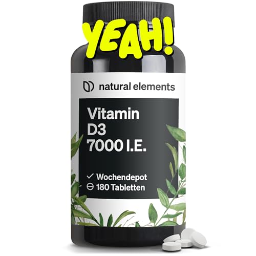 natural elements Vitamin D3 7000 I.E. – 180 Tabletten – das Sonnenvitamin als Wochendepot – hochdosiert, ohne unnötige Zusätze – in Deutschland produziert & laborgeprüft natural elements Vitamin D3 7000 I.E. – 180 Tabletten – das Sonnenvitamin als Wochendepot – hochdosiert, ohne unnötige Zusätze – in Deutschland produziert & laborgeprüft