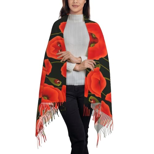 Poppy Flowers Print Women'S Fringed Scarf Soft Lightweight Polyester Tassel Scarf Fall Winter Fashion2