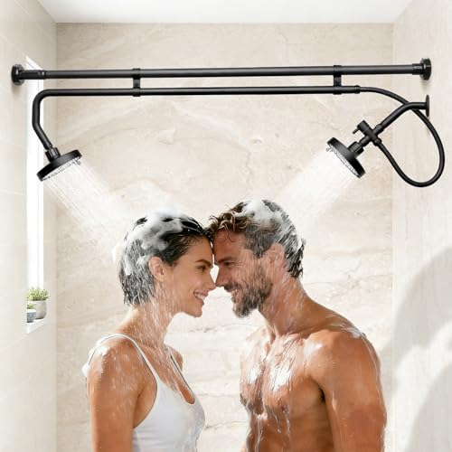 Tandem Shower Head for Couples Dual Shower System with Sliding & 180Rotation Tool-free installation of a dual-head black shower with 3 spray modes