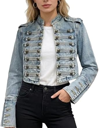 Womens Military Denim Jacket Steampunk Jean Jacket Stand Collar Vintage Gothic Coat Double Breasted Jean Jacket