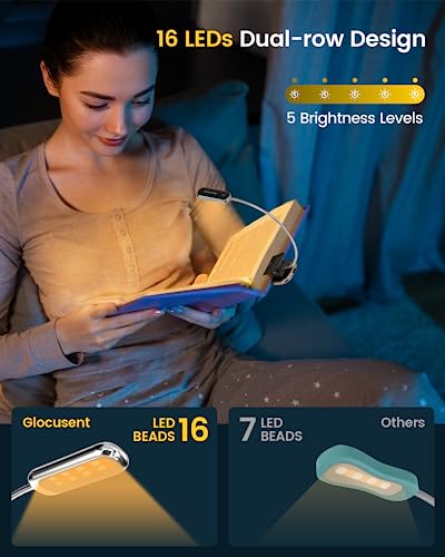 Premium Rechargeable Book Light for Bedtime Reading: Timer, 16 LED, 160hrs, 1800K, 3 Colors, 5 Brightness Levels