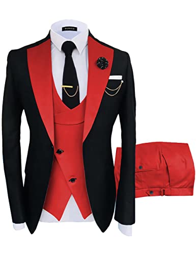 Wangyue Red and Black Suits for Men 3 Piece Slim Fit Suits Tuxedo for Men Red Double Breasted Wedding Prom Tuxedo Elegant Business Formal Dinner Party Notch Lapel One Button,Large