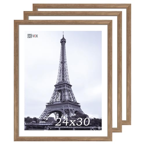 Image of VCK 24x30 Poster Frame Solid Wood Walnut 3 Pack Picture Frames 24 x 30 Inches with Wall Mounting Hanging