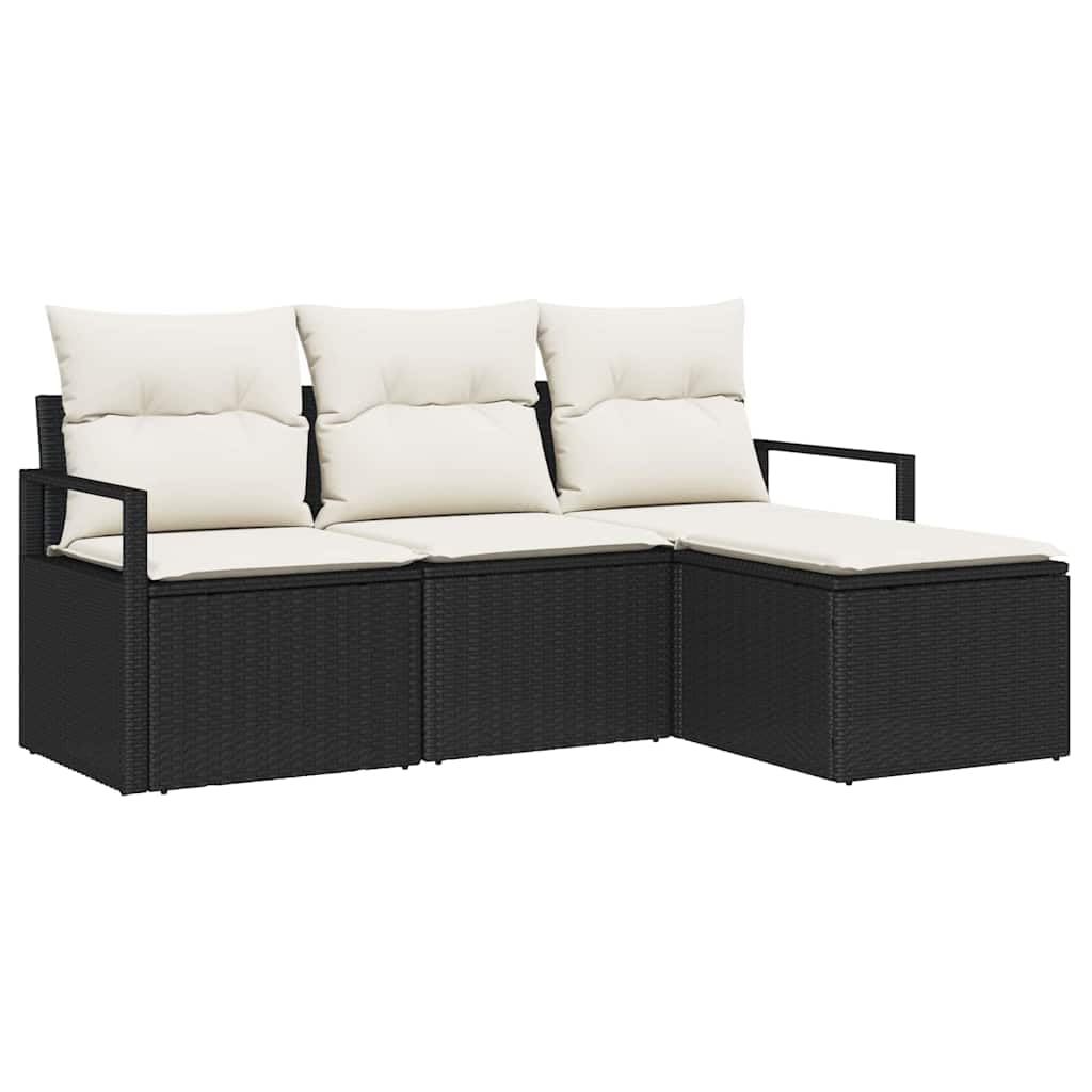 Canapé modulaire en polyrotin noir avec coussins de jardin et repose-pieds extérieur