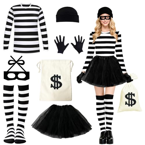 HuaMuDM Dieb Kostüm Räuber Kostüm Damen Erwachsene Räuber Kleidung Set mit Strickmütze Maske Handschuhe Röcke Geldbeutel Kniestrümpfe T-Shirt für Karneval Halloween Cosplay(XL)
