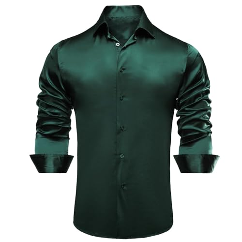 Image of Hi-Tie Men's Silk Satin Dress Shirts Long Sleeve Shiny Casual Button Up Shirts Luxury Party Disco Prom Wedding Shirt