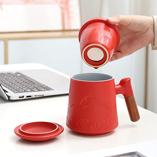 Maxjoy Tea Cup With Infuser And Lid,Rosewood Handle Ceramic Loose Leaf Tea Mugs,15.2 Ounce Classic Gradient Embossed Tea Steeping Mug For High-End Gifts,Red #TOP1