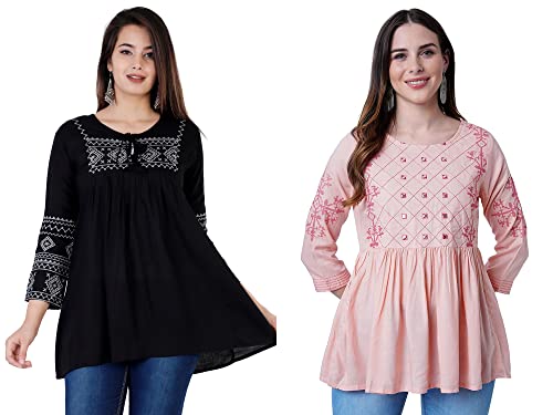Image of Shiva Fab Short Kurti for Women | Embroidered Straight Rayon Kurta | Round Neck Full Sleeves Short Kurti for Women's (Small, Black & Pink Front-2 Pack)